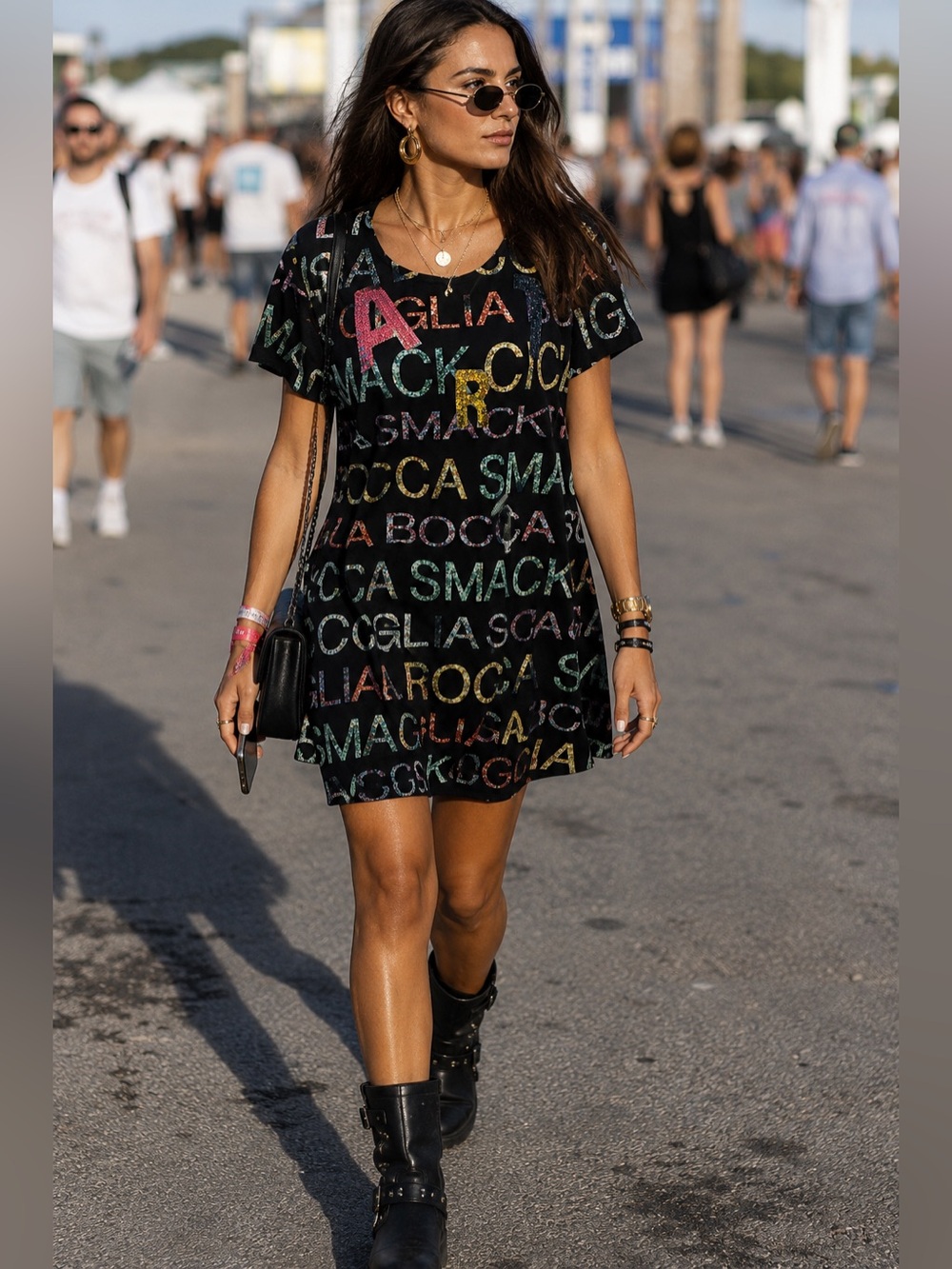 Rinascimento Made in Italy Sequin Letter Print Shift Mini Dress Black Size L